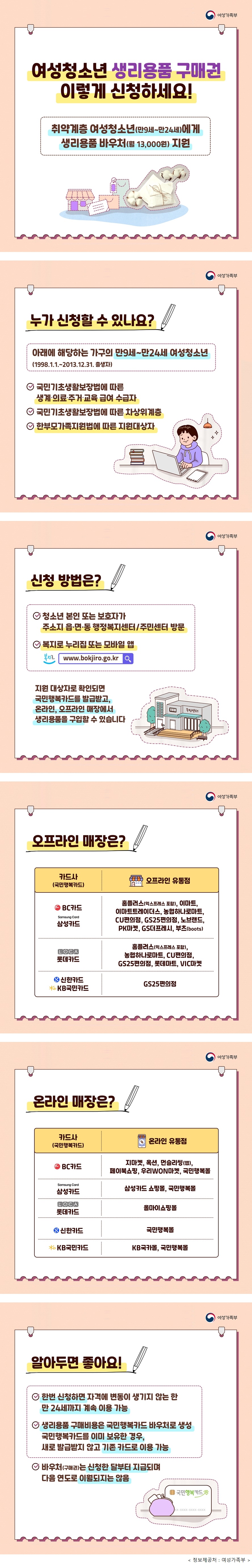 여성청소년 생리용품 구매권  이렇게 신청하세요! 취약계층 여성청소년 (만9세~만24세)에게 생리용품 바우처 (월 13,000원) 지원 ○누가 신청할 수 있나요? 아래에 해당하는 가구의 만9세~만24세 여성청소년 (1998.1.1.~2013.12.31. 출생자) -국민기초생활보장법에 따른 생계·의료·주거·교육 급여 수급자 -국민기초생활보장법에 따른 차상위계층 -한부모가족지원법에 따른 지원대상자 ○신청방법은? -청소년 본인 또는 보호자가 주소지 읍·면·동 행정복지센터/주민센터 방문 -복지로 누리집 또는 모바일 앱 www.bokjiro.go.kr -지원대상자로 확인되면 국민행복카드를 발급받고 온라인, 오프라인 매장에서 생리용품을 구입할 수 있습니다 ○오프라인 매장은? -카드사(국민행복카드): 오프라인 유통점 BC카드, 삼성카드: 홈플러스(익스프레스 포함), 이마트, 이마트트레이더스, 농협하나로마트, CU편의점, GS25편의점, 노브랜드, PK마켓, GS더프레시, 부츠(boots) -롯데카드: 홈플러스(익스프레스 포함), 농협하나로마트, CU편의점, GS25편의점, 롯데마트, VIC마켓 -신한카드, KB국민카드: GS25편의점 ○온라인 매장은? 카드사(국민행복카드): 온라인 유통점 -BC카드: 지마켓, 옥션, 먼슬리씽(앱), 페이북쇼핑, 우리WON마켓, 국민행복몰 -삼성카드: 삼성카드 쇼핑몰, 국민행복몰 -롯데카드: 올마이쇼핑몰 -신한카드: 국민행복몰 -KB국민카드: KB국카몰, 국민행복몰 ○알아두면 좋아요! -한번 신청하면 자격에 변동이 생기지 않는 한 만 24세까지 계속 이용 가능 -생리용품 구매비용은 국민행복카드 바우처로 생성 -국민행복카드를 이미 보유한 경우, 새로 발급받지 않고 기존 카드로 이용 가능 -바우처(구매권)는 신청한 달부터 지급되며 다음 연도로 이월되지는 않음